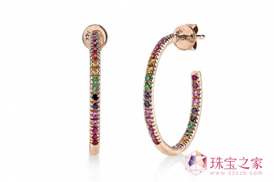 Sydney Evan 彩色蓝宝石,红宝石和祖母绿14克拉玫瑰金耳环 Sydney Evan 彩色蓝宝石,红宝石和祖母绿14克拉玫瑰金耳环