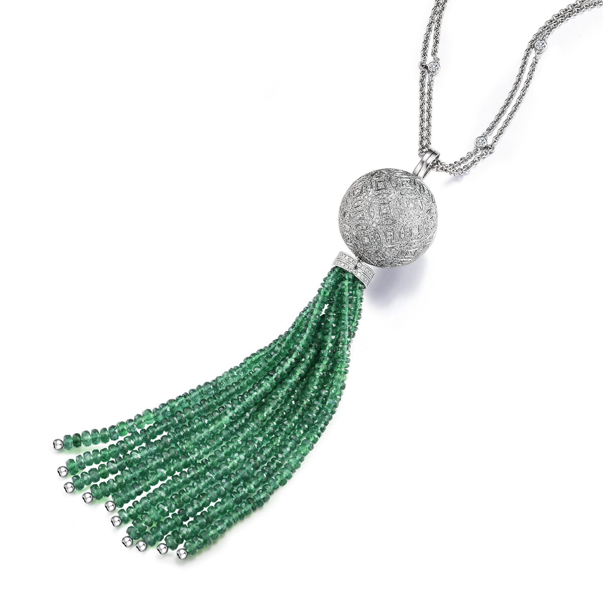 香囊系列18k白金镶钻石及沙祖母绿流苏项链